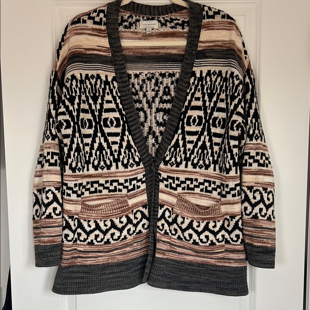 Lucky Brand Black and Cream Aztec Patterned Cardigan